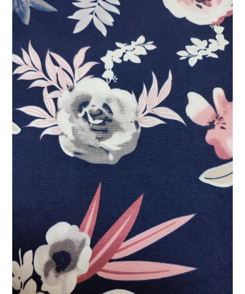 Granatowa elastyczna dzianina Jersey - pudrowe kwiaty - kupon 2,40m